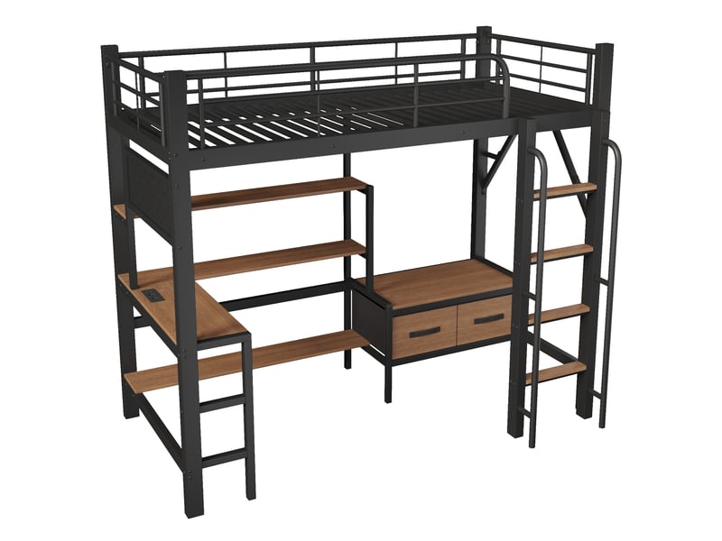  Lit surélevé 90 x 200 cm noir, panneau perforé, étagères, tiroirs en tissu, bureau, usb, led, sans matelas  - Conforama A