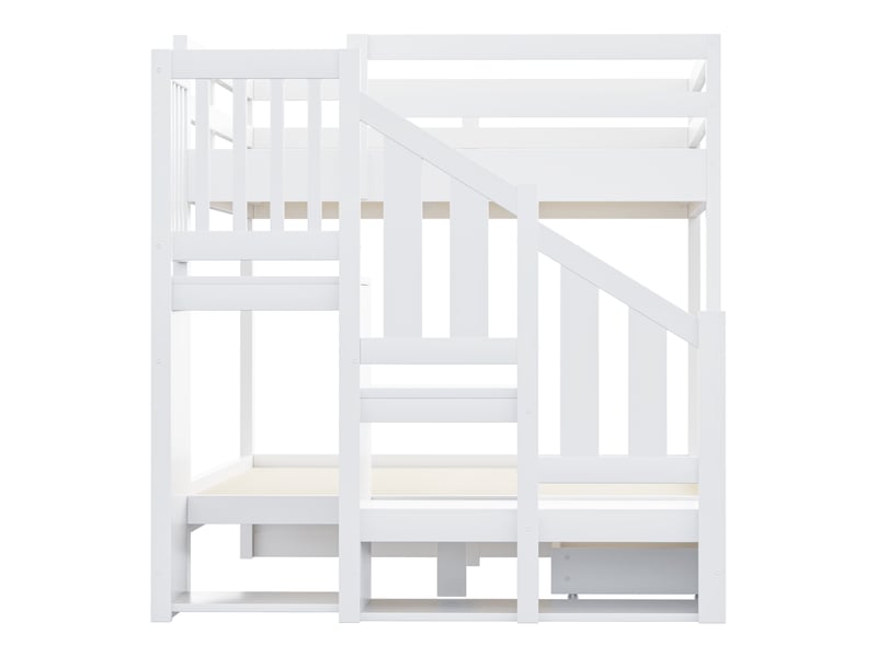 Lit superposé - 140x200 cm - tiroirs de rangement - escalier avec rangement - sommier à lattes - garde-corps - bois et mdf - blanc CozyNest - Conforama E