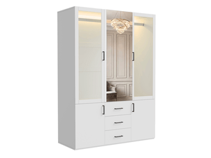 Armoire penderie chambre adulte 4 portes et 3 tiroirs - 130x52x182 cm - miroir - porte en verre - bandeau lumineux led - charnières amorties - style scandinave minimaliste - pour petit appartement, armoire blanc mat