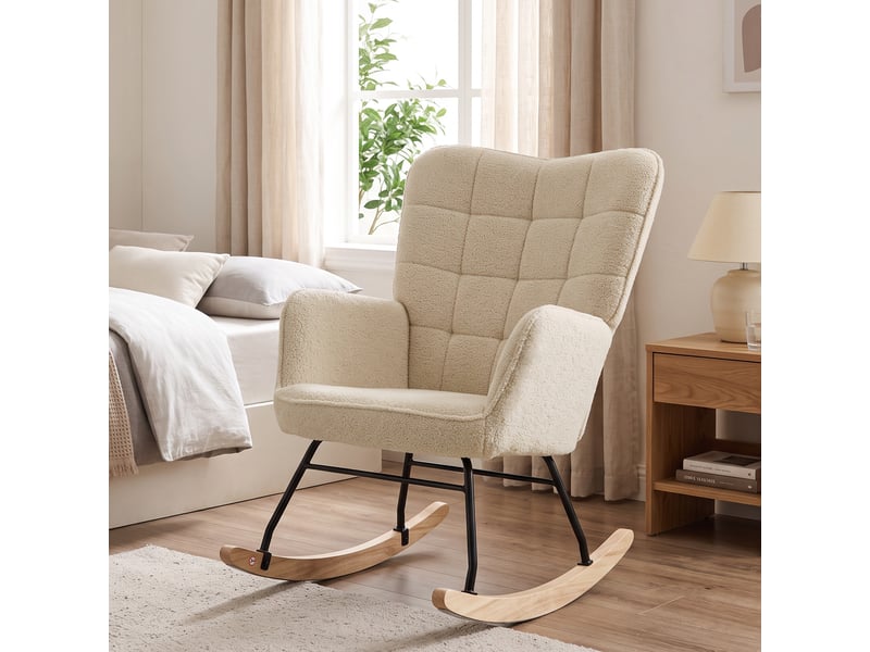  Fauteuil à bascule rembourré en bois et acier pour salon et chambre, 71 x 98 x 101 cm, beige  - Conforama D