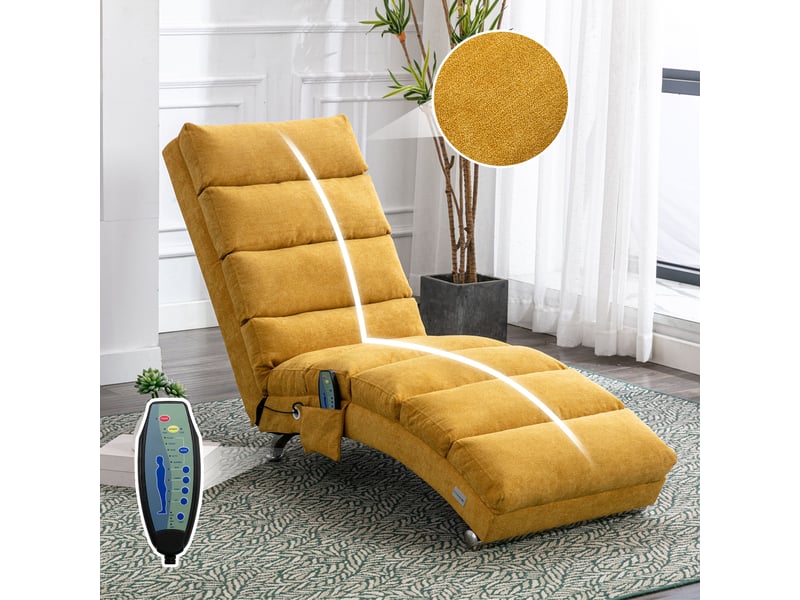  Chaise longue de relaxation fixe avec fonction massage vibrant – méridienne ergonomique capitonnée en tissu aspect lin avec poche latérale – jaune moutarde  - Conforama B