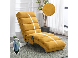 Chaise longue de relaxation fixe avec fonction massage vibrant – méridienne ergonomique capitonnée en tissu aspect lin avec poche latérale – jaune moutarde
