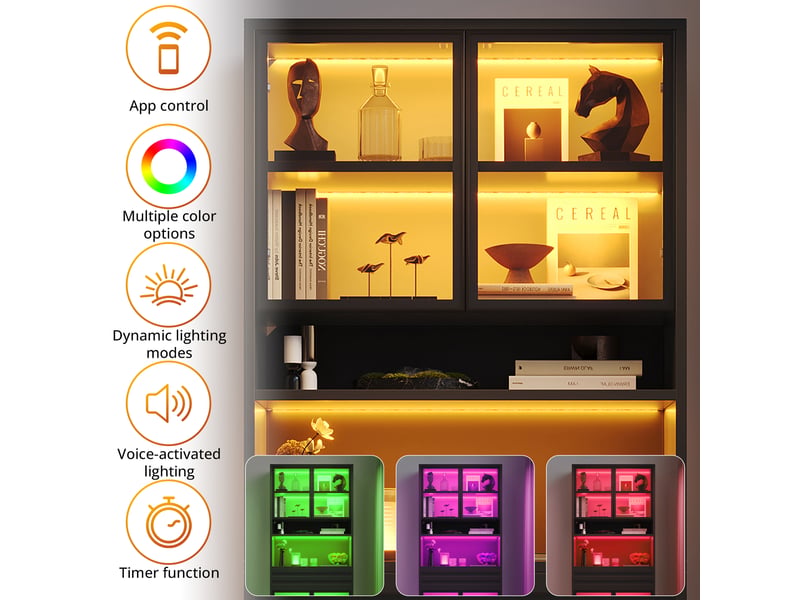 Vitrine noire mdf 80x35x200 cm, meuble à 4 portes en verre et 1 tiroir, rangement moderne pour salon - Conforama D