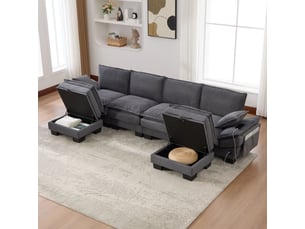 Canapé modulaire 4 places avec usb-c et poches latérales - velours côtelé gris foncé