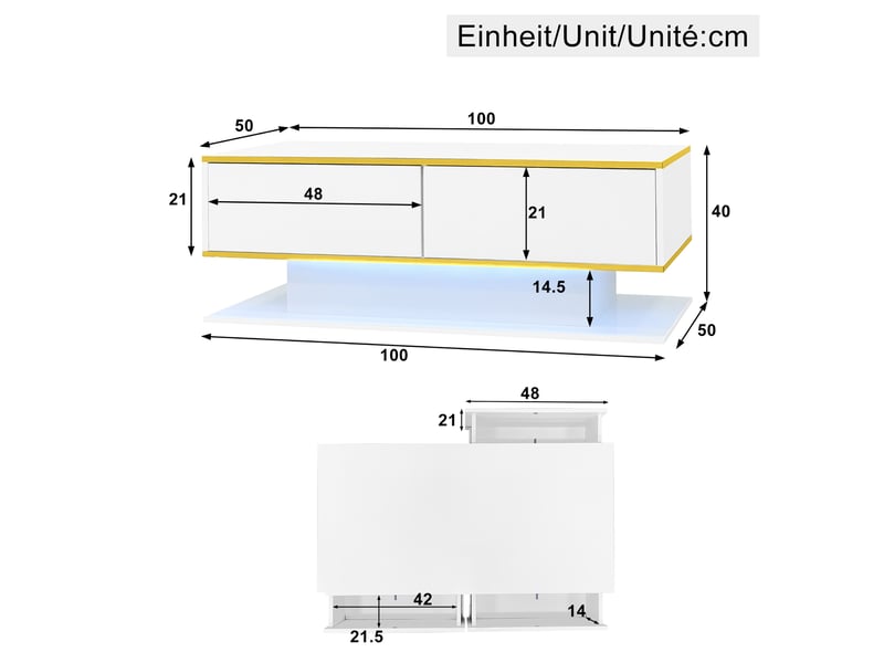  Table basse led 100x50x40 cm 3 tiroirs panneau de particules blanc et or  - Conforama C