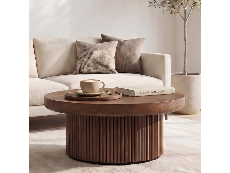  Table basse ronde à plateau façon parquet et pied central teinte noyer 78 × 78 × 38,5 cm IKSETERA TRADING LTD - Conforama B