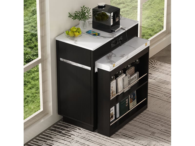  Îlot de cuisine extensible à roulettes avec led, prises et rangements, noir  - Conforama D