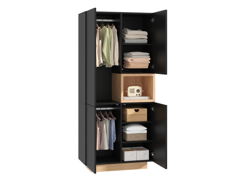  Armoire de chambre noire 2 portes avec 2 penderies et 6 compartiments, 90x45x200 cm, mdf  - Conforama W