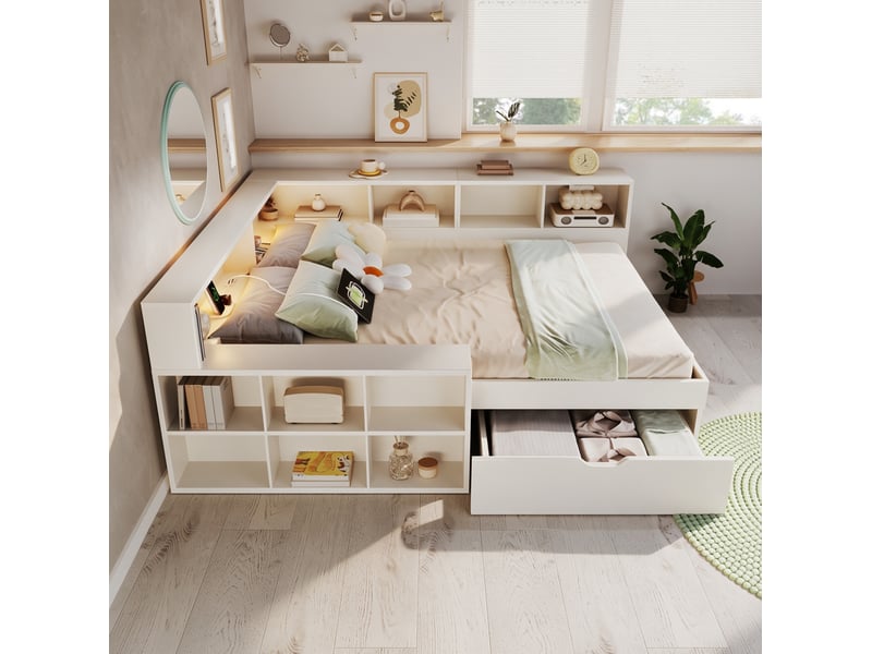Lit banquette 140x200 cm avec rangement, led de lecture et ports usb-c, blanc, sans matelas - Conforama W