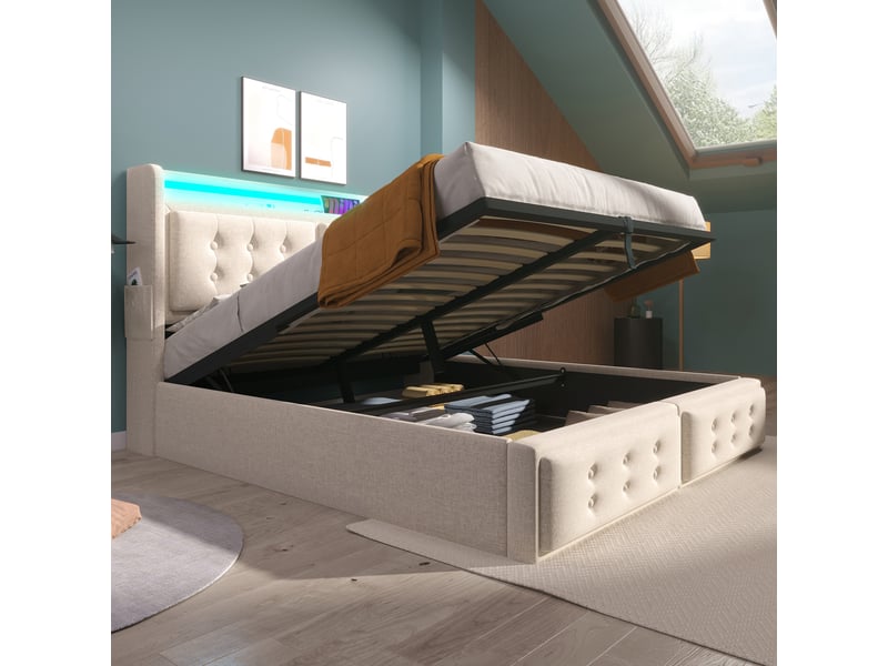 Lit coffre adulte 160x200 cm, lit double avec led, usb type c et sommier, coton lin beige, matelas inclus - Conforama E