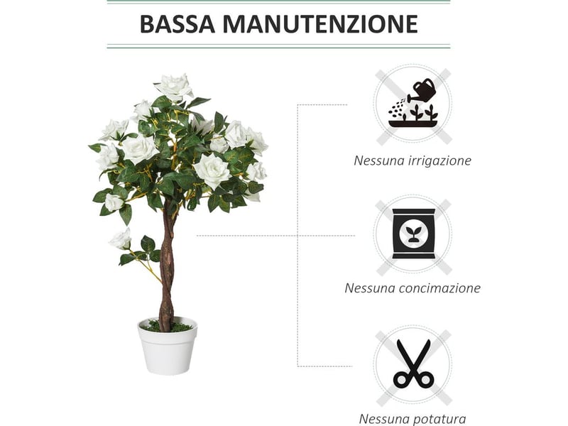  Plante artificielle de rose avec 21 fleurs, pot en béton et mousse, décor résistant aux uv, ø18x90 cm, blanc et vert  - Conforama E
