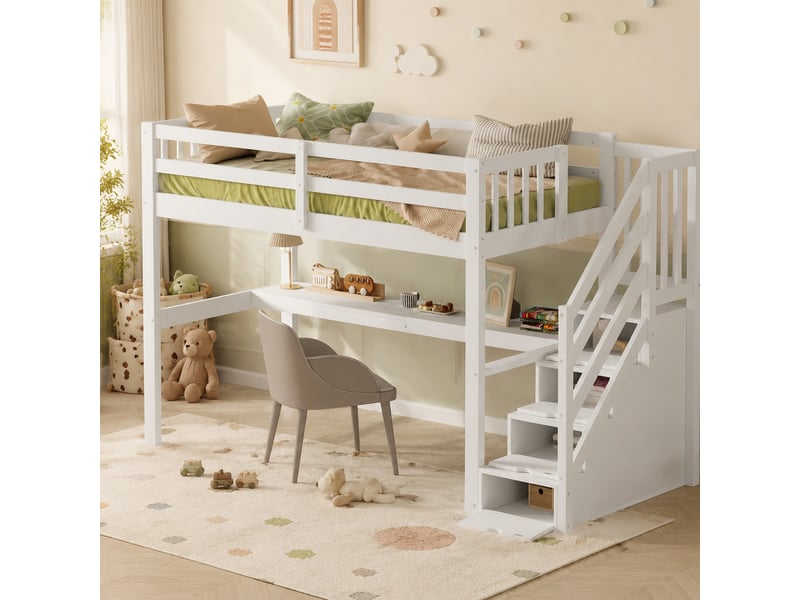  Lit mezzanine enfant 90 x 200 cm blanc avec rangements et bureau  - Conforama D