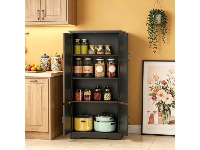 Armoire de cuisine 2 portes avec rangement et 3 étagères - lpospi - poignées en métal, portes rainurées mdf noir - Conforama C