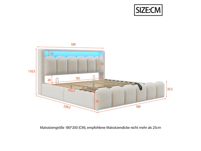  Lit coffre rembourré 180x200 cm coloris beige led velours lit adulte beige - Conforama C