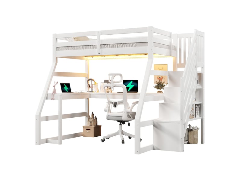  Lit mezzanine avec bureau 90 x 200 cm structure en bois bureau intégré éclairage led port usb finition blanche  - Conforama D