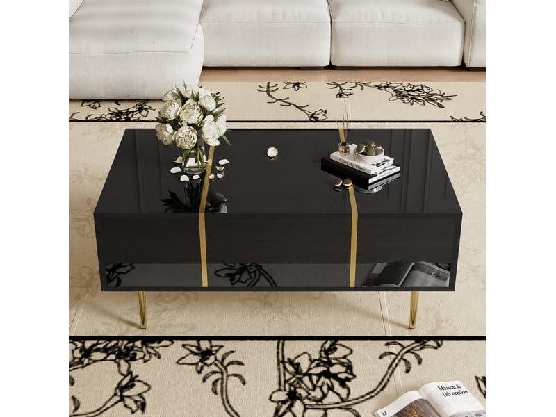  Table basse noire brillante avec 2 tiroirs et détails dorés, 100 x 60 cm  - Conforama E