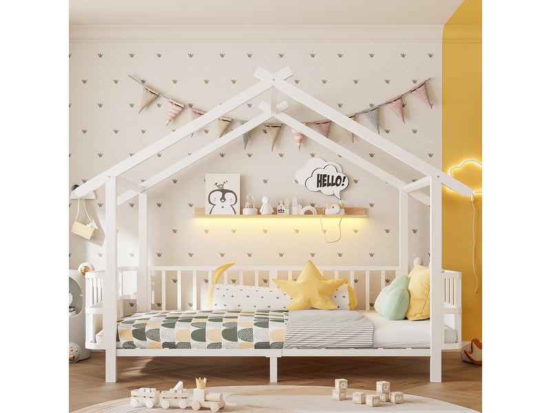 Lit cabane enfant 90x200 en métal blanc, structure toit et barrière de sécurité intégrée pour chambre - Conforama D