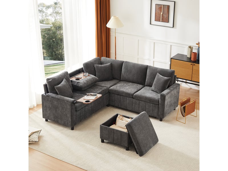  Canapé d'angle convertible ,4 places avec tabouret, lampe de lecture,205×205×85cm,gris  - Conforama D