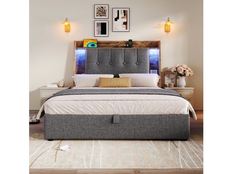 Lit enfant coffre 90 x 200 cm tête rangement pliable led multicolore ports usb‑c linmdf gris sans matelas - Conforama R