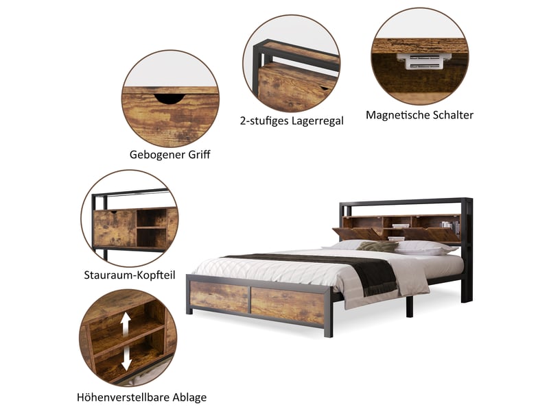 Lit double 140x200 cm avec rangement et tête de lit - cadre métal noir industriel - Conforama D