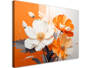 Tableau moderne, fleurs blanches et orange sur un fond orange vif 90x60