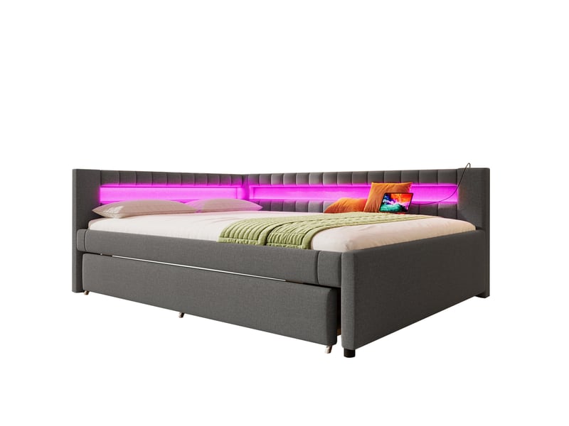  Lit gigogne 140x200 cm en lin mdf gris, éclairage led télécommandé, usb type-c, lit extensible, sans matelas  - Conforama A