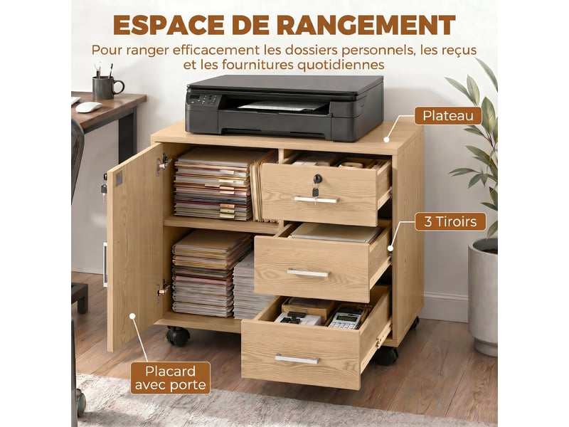 Caisson bureau meuble de rangement verrouillable avec 3 tiroirs et étagère réglable, roulettes, marron clair, 40 x 60 x 56 cm  - Conforama A