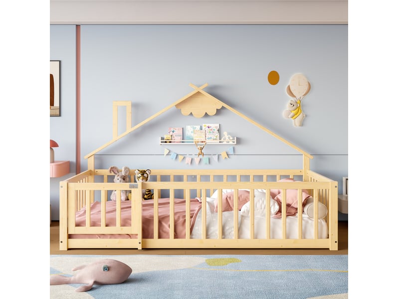  Lit enfant 90 x 190 cm en bois, forme maison avec barrière verrouillable naturel  - Conforama D