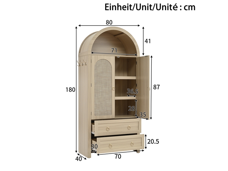 Buffet et enfilade avec 2 portes en rotin, 2 tiroirs, étagères réglables et crochets pour salon en mdf chêne clair - Conforama C