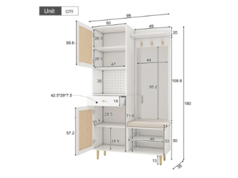  Ensemble vestiaire 99×35×180cm, banc + miroir + chaussures, rotin, pieds fer, entrée  - Conforama C