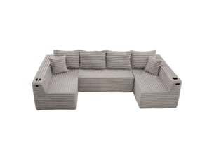 Canapé d'angle panoramique fixe <strong>MERAX</strong> <strong>canapé compressible</strong> 6 places Tissu gris clair