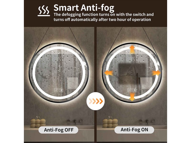  Miroir de salle de bain led 50 cm rond avec sangle noire anneau lumineux intégré verre sécurit tactile anti-buée blanc  - Conforama E