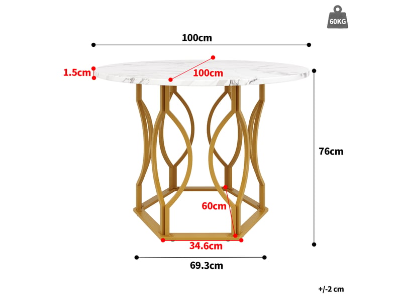  Table de salle à manger ronde pour 4 en mdf et métal 100×100×76 cm blanc et doré  - Conforama E