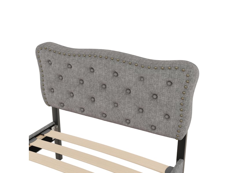  Lit avec tiroirs 90x200 cm, lit simple gris en tissu avec 2 tiroirs et tête réglable, sans matelas  - Conforama E
