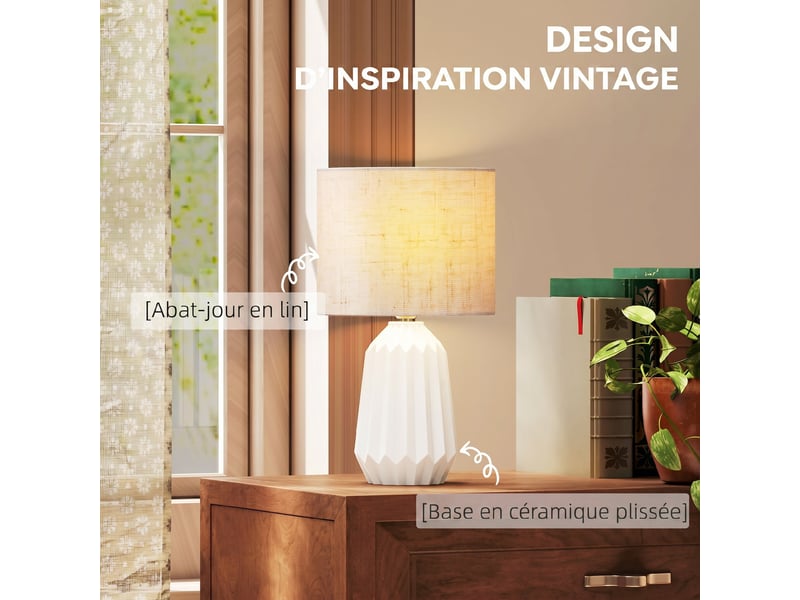  Lampe de table avec base en céramique et abat-jour en lin, lampe de chevet avec interrupteur, culot e27, blanc et beige  - Conforama D