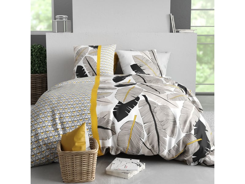 Parure housse de couette 260x240cm + 2 taies motif palmiers noir et jaune 100% coton - amarante AMARANTE - Conforama A