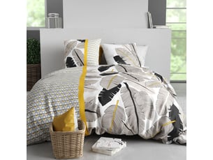 Parure housse de couette 260x240cm + 2 taies motif palmiers noir et jaune 100% coton - amarante
