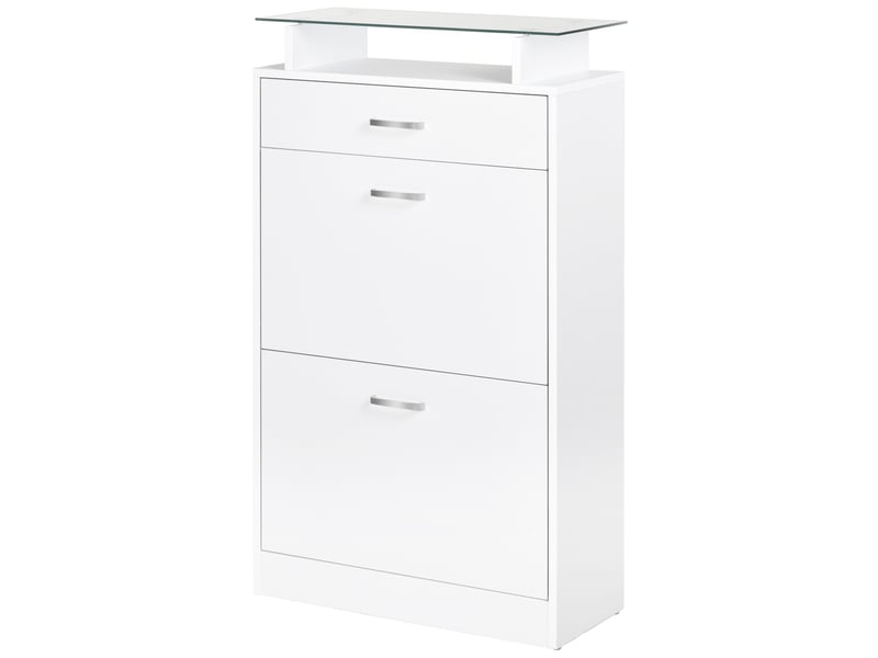  Armoire à chaussures meuble rangement chaussures 2 portes abattantes 2 compartiments, tiroir, plateau en verre - bois chêne blanc  - Conforama A