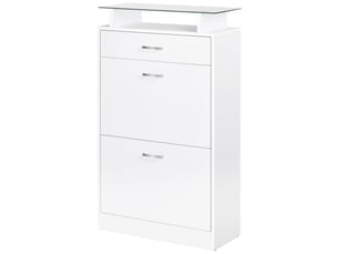 Armoire à chaussures meuble rangement chaussures 2 portes abattantes 2 compartiments, tiroir, plateau en verre - bois chêne blanc