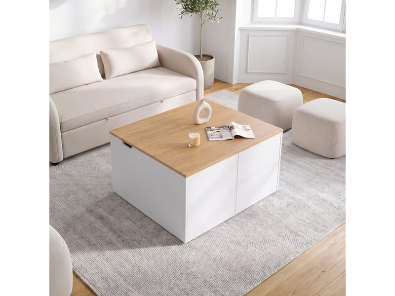  Table basse plateau relevable carrée calia 80 cm avec 2 coffres et 2 tiroirs blanc et bois  - Conforama E