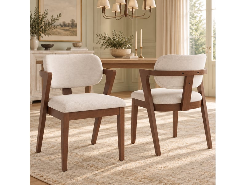 Lot de 6 chaises de salle à manger avec accoudoirs, lin, coloris noyer et beige avoine  - Conforama C