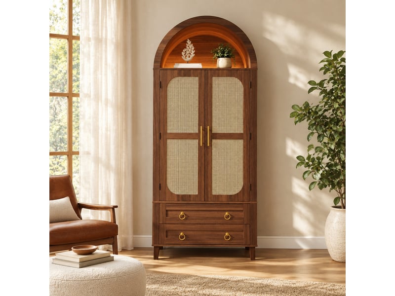  Buffet haut tcqpz 76 x 40 x 179,5 cm led réglable par application 2 portes 2 tiroirs mdf et panneaux de particules noyer  - Conforama B