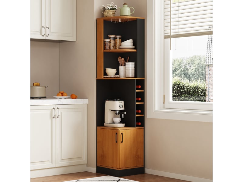Meuble de cuisine muvano, meuble à vin d'angle en mdf noir avec porte-verres, 40 × 40 × 182 cm - Conforama B