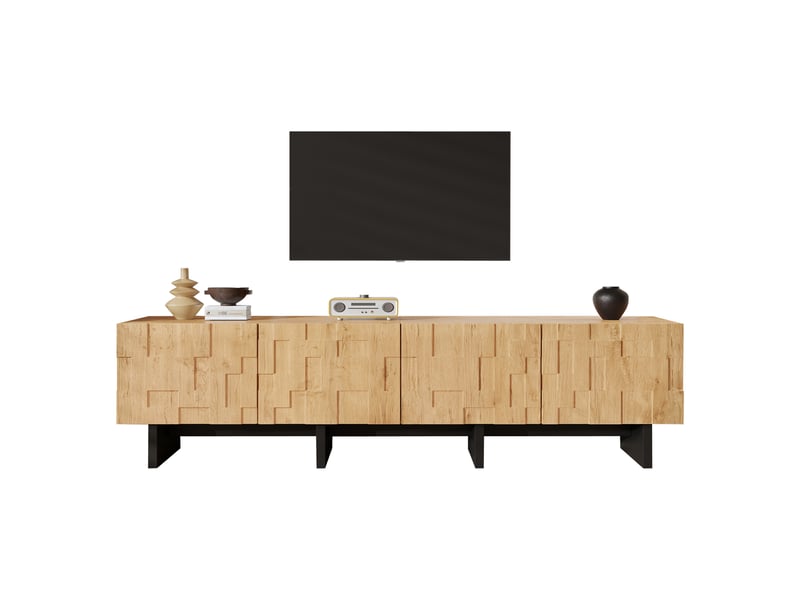  Meuble tv 180 cm pour écran 75 pouces, 4 portes gaufrées, 4 rangements, bois naturel  - Conforama A
