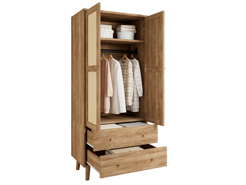  Armoire 80x50x180 cm avec 2 tiroirs et 2 portes en mdf, couleur bois foncé, design naturel, design effet rotin  - Conforama A