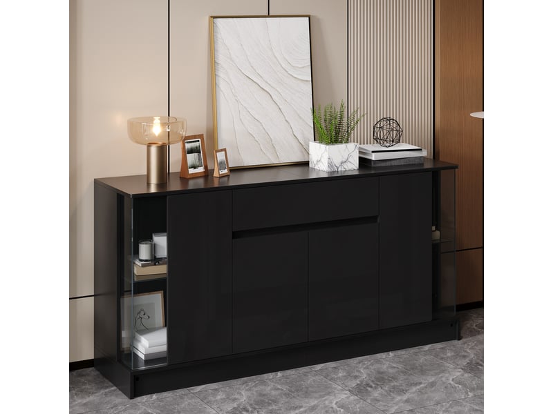  Buffet de rangement 150x40x75 cm, éclairage led, portes battantes, tiroir, éléments vitrés pour salon et salle à manger - noir GL8834S - Conforama B