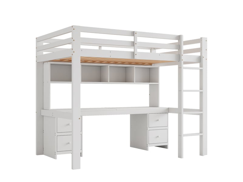  Lit mezzanine enfant avec bureau et grand rangement, garde-corps haut, blanc, 90x200 cm  - Conforama E