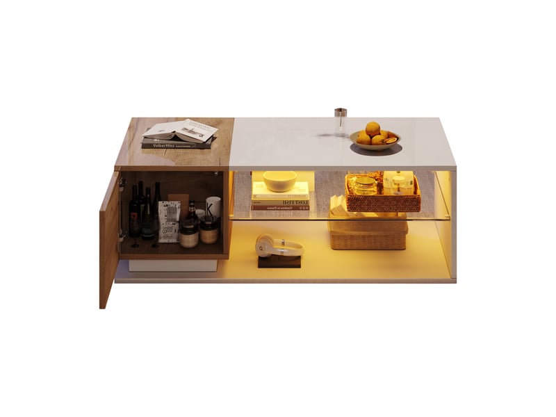  Table basse led avec contrôle par application, table de salon avec espace de rangement, 105x50x36cm, blanc et chêne.  - Conforama R
