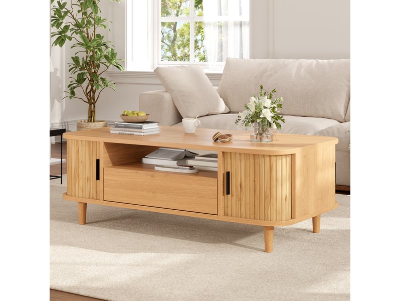  Table basse 100x50x35 cm avec 1 tiroir et 2 portes mdf couleur naturelle  - Conforama B
