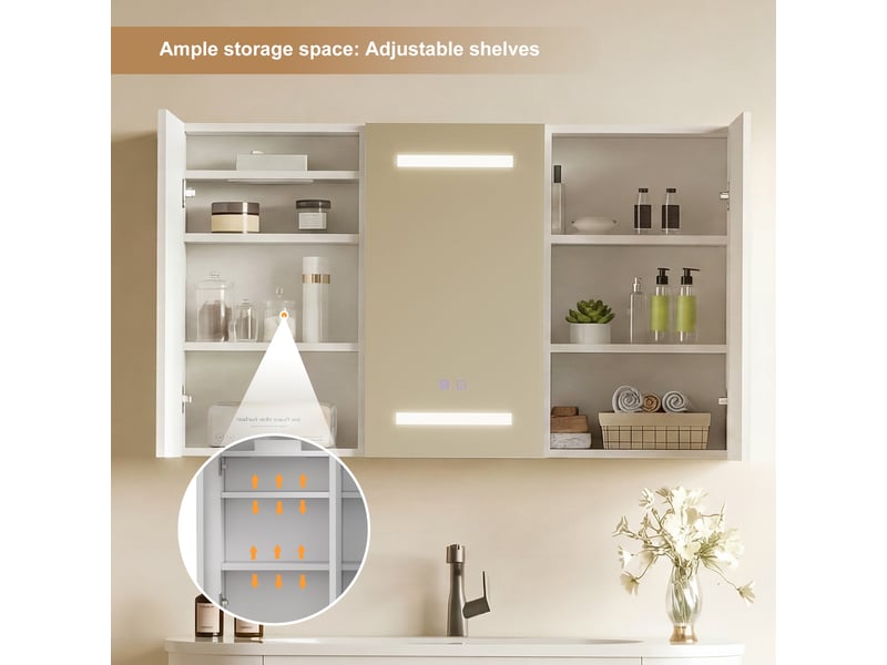  Armoire de toilette led 3 portes - 90 x 15 x 65 cm-blanc - meuble de salle de bain avec éclairage 3 couleurs, antibuée et prise  - Conforama D